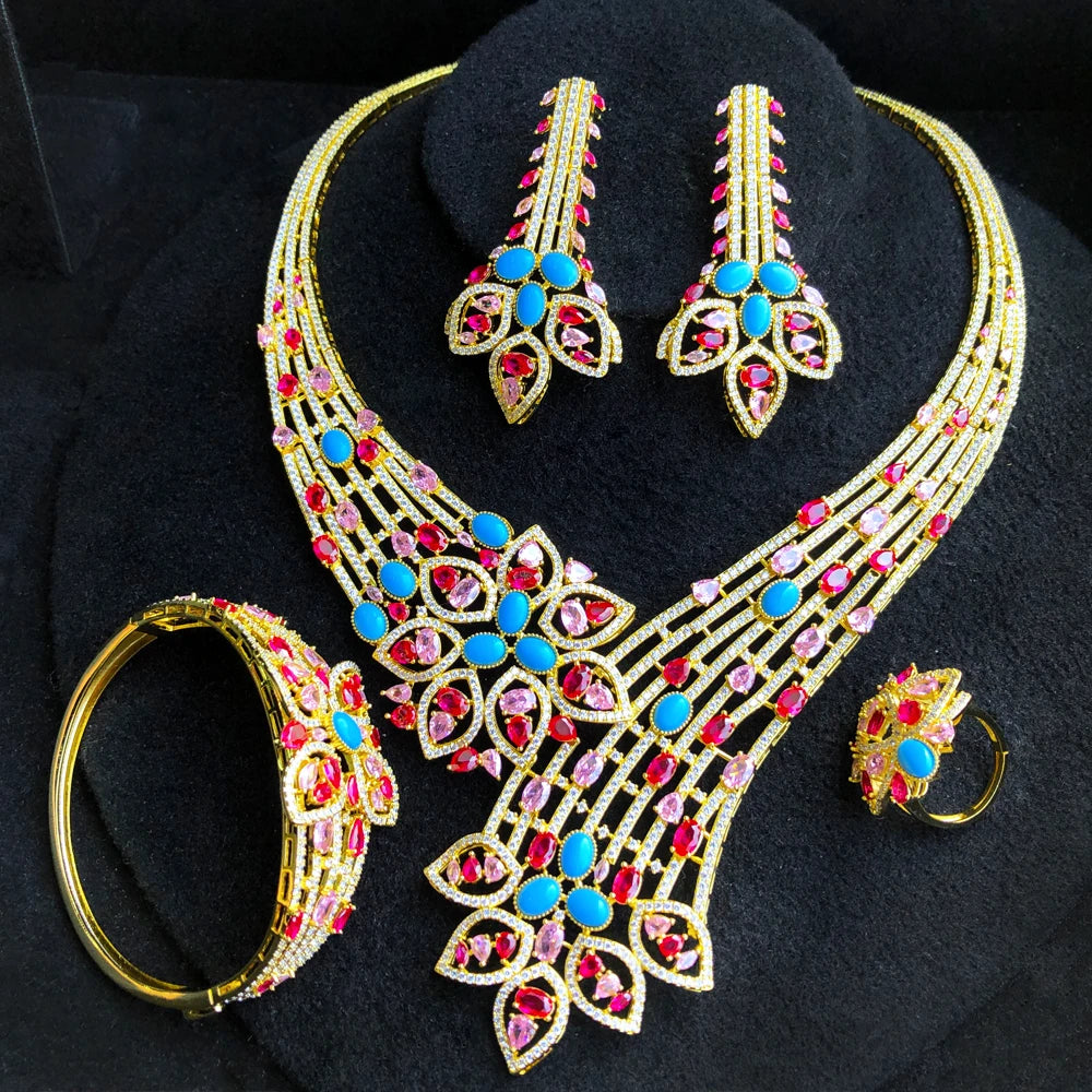 4PCS Pink Coral Luxury African Jewelry Set For Women Wedding Party Zircon Crystal Dubai Bridal Gifts