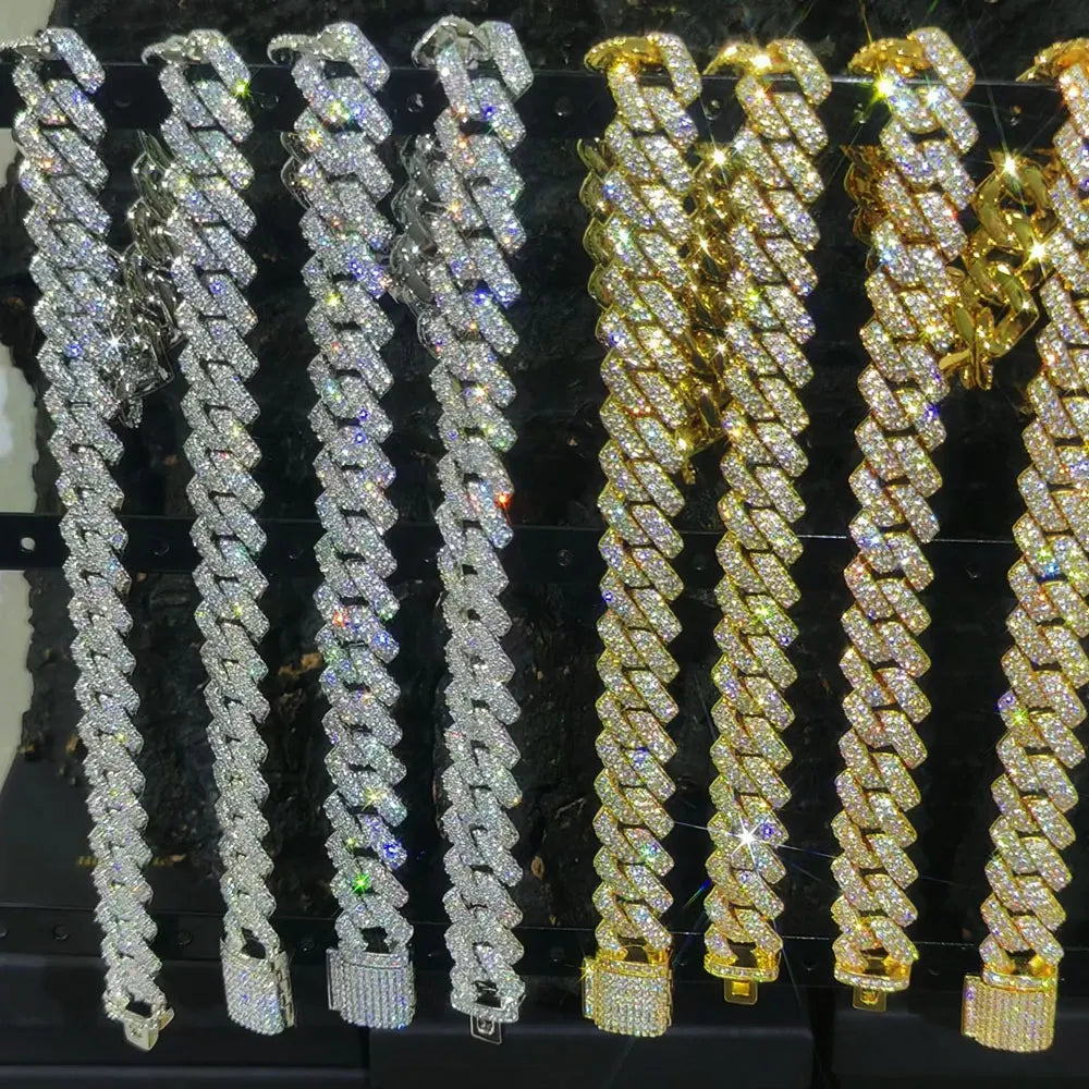 Hip Hop Cuban Link Chain Necklace Silver/18k Gold Plated 10/12/14/15/20mm Iced Out Diamond CZ Gift for Him/Her