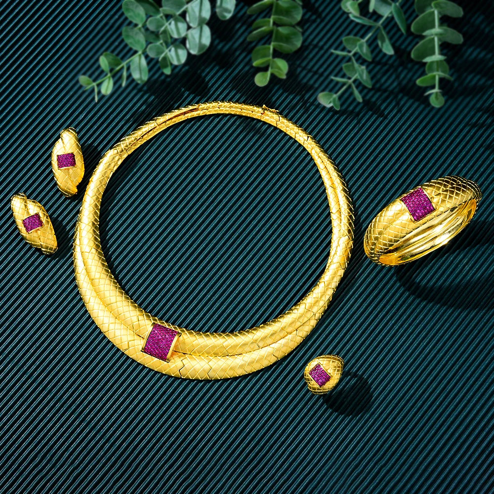 Original DUBAI 4pcs Jewelry Sets Necklace Bangle Ring Earrings Luxury Gougeous Splicing Set For Women Wedding Party