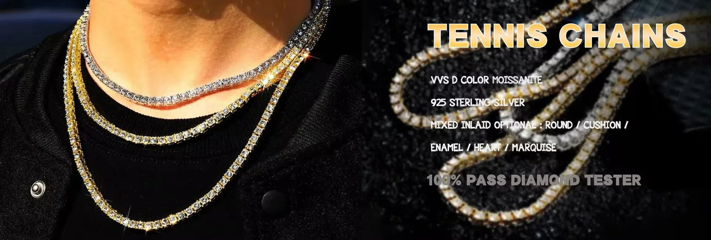 Hiphop Jewelry D VVS1 Width 2-6.5mm 925 Sterling Silver with GRA Fine Necklace for Women Moissanite Tennis chain Necklace
