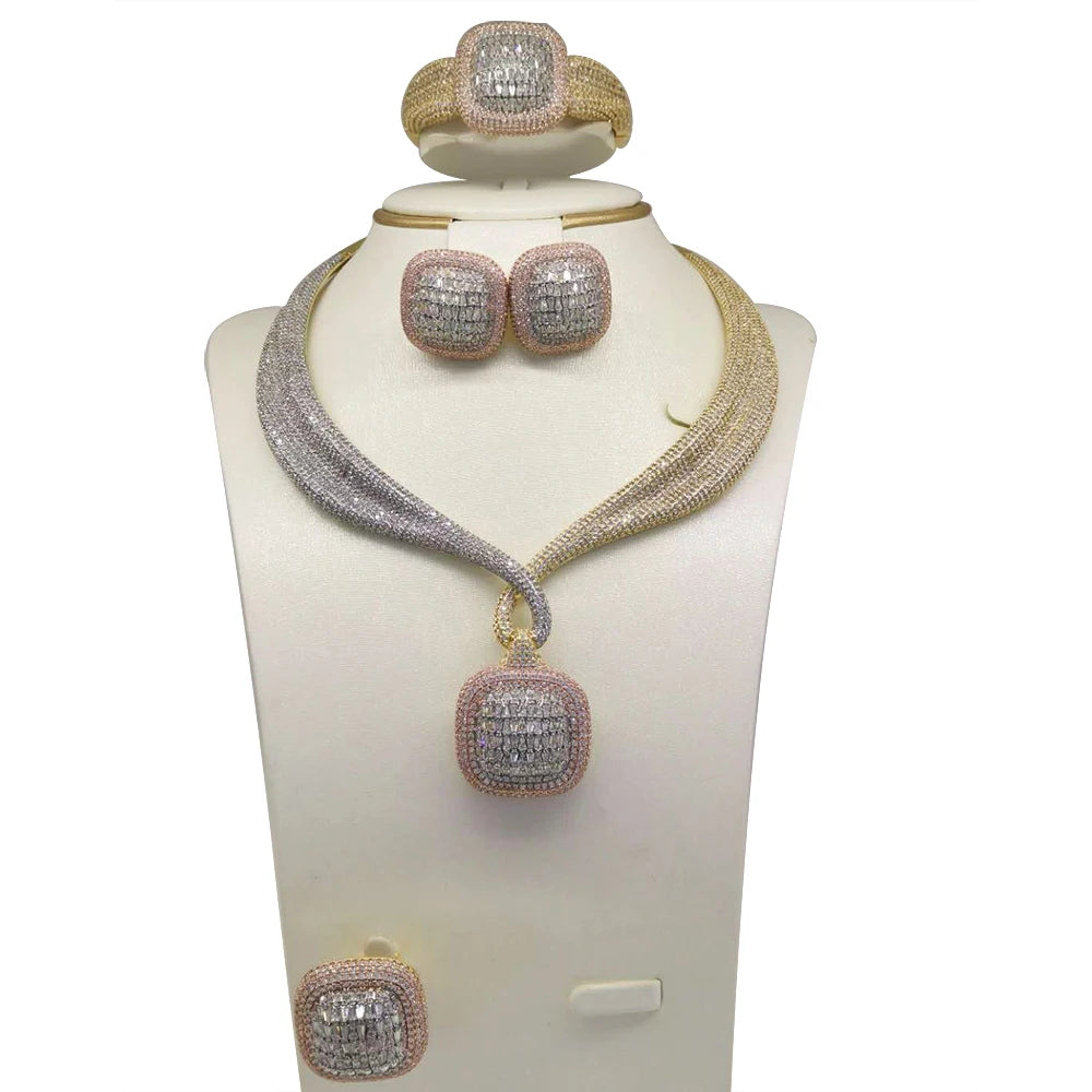 Trendy 4PCS Luxury Cubic zircon Statement Jewelry sets For Women Wedding Cubic Zircon Indian African Dubai Bridal Necklace