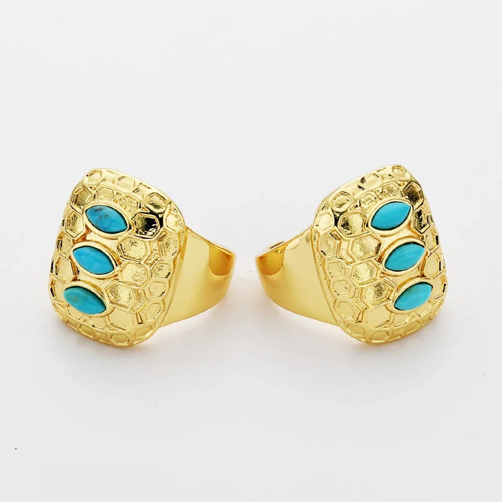 Golden Plated Adjustable Open Rings Natural Turquoise Stone Finger Ring For Men Women Trendy Hip Hop Jewelry Accessories