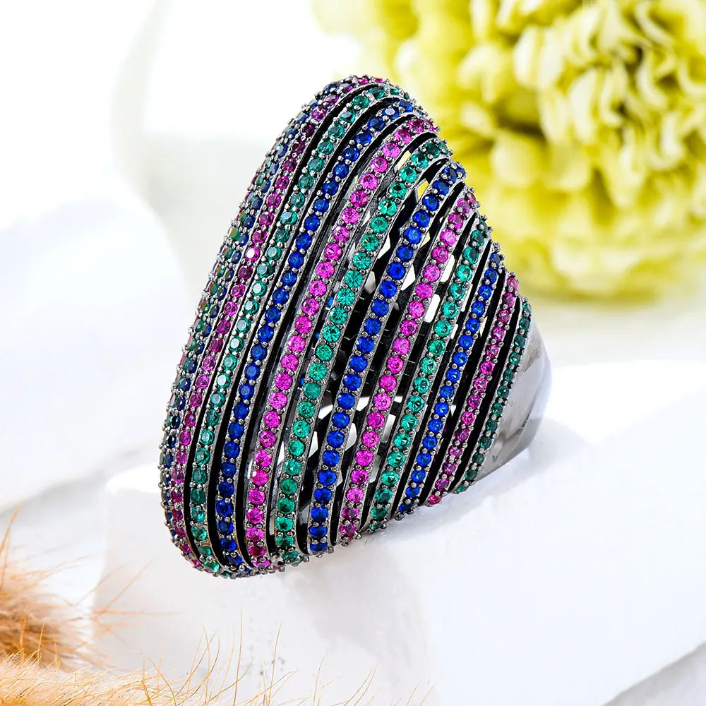 2025 Trendy Multicolor Big Bold Statement Ring for Women Cubic Zircon Finger Rings Beads Charm Ring Bohemian Beach Jewelry