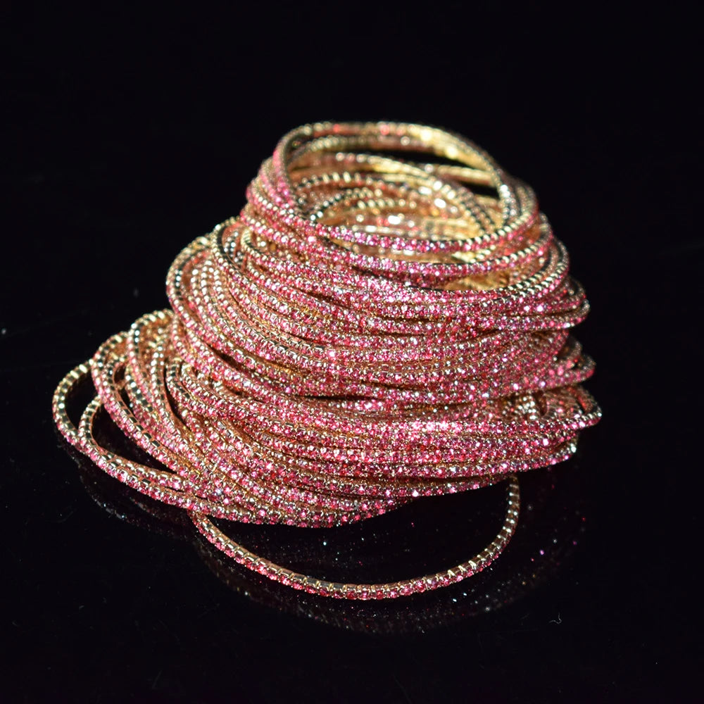 50pcs/Set Fashion Gold Multiple Colour Crystal Rhinestone Elastic Bracelet Bangle Bling Wristband Women Wedding Bridal Jewelry