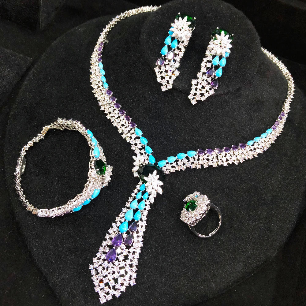 Romantic 4PCs Multicolor Crossover Statement Jewelry Sets For Women Wedding5A Zircon Indian African Dubai Bridal Necklace