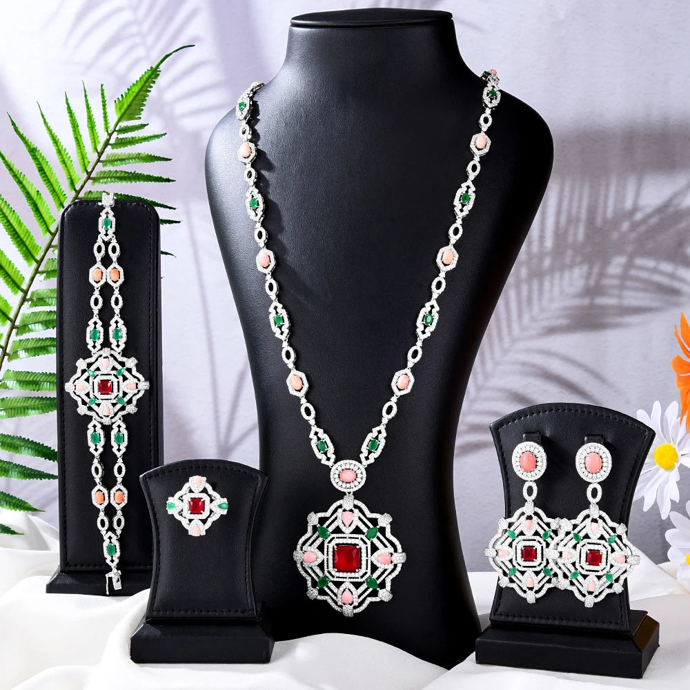 New 4PCS Real Pink Coral UAE Dubai Bridal Jewelry Set For Women Wedding Party Nigerian African Long Necklace Earring Set