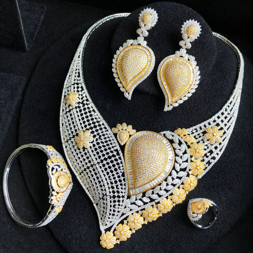 Super BIG Luxury 4PCS Leaf Flowers Africa Cubic Zirconia Set Jewelry Set For Women Wedding Cubic Zirconia Dubai Bridal Set