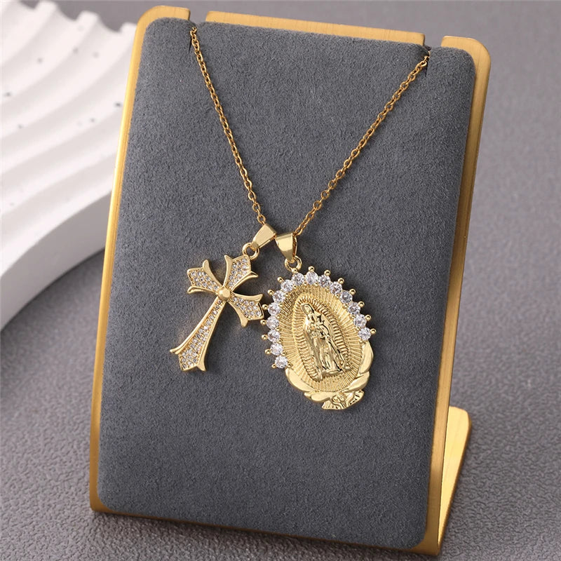 Multiple styles copper Necklace zircon Golden circular Cross Virgin Mary Pendent Necklaces For Charm Women Birthday Jewelr