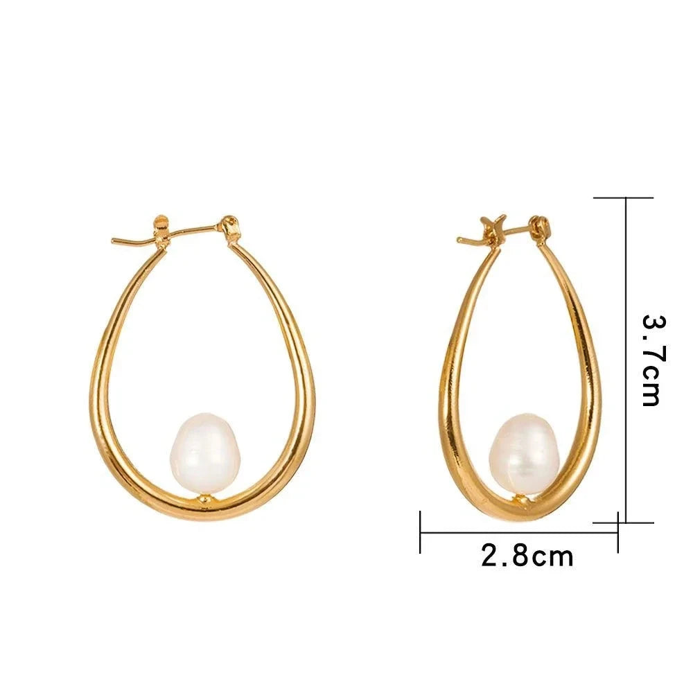 Minimalist Golden Geometric Natural Pearl Loop Earrings Women Delicate Baroque Gemstone Hoop Earring Ladies Wholesale Jewelry
