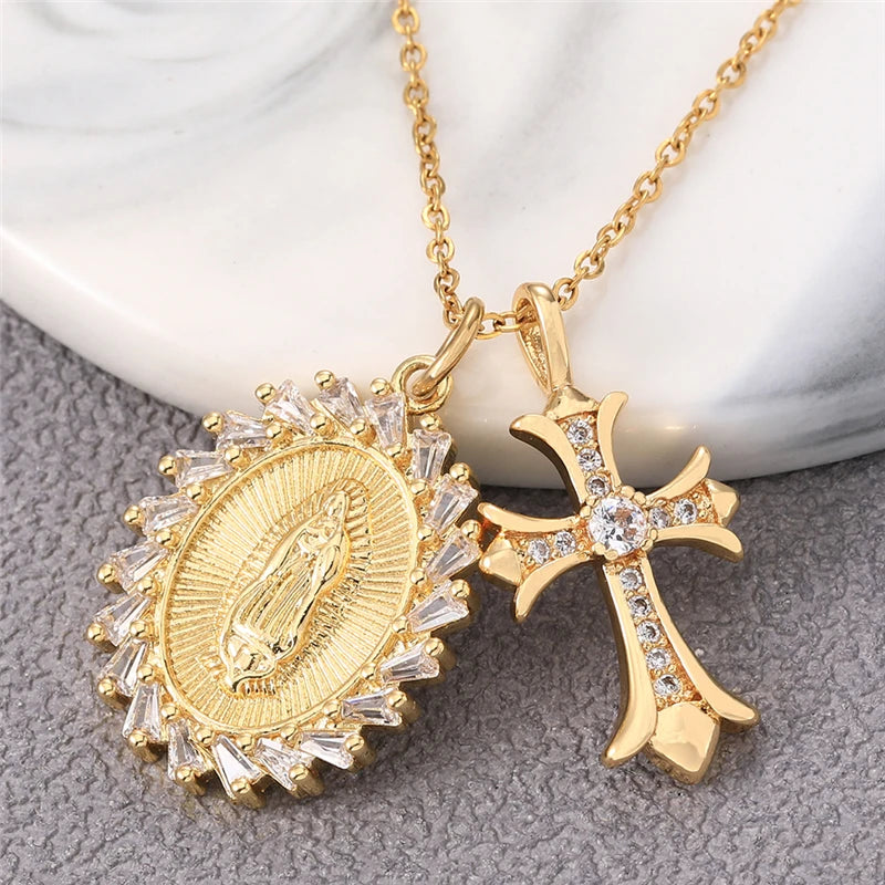 Multiple styles copper Necklace zircon Golden circular Cross Virgin Mary Pendent Necklaces For Charm Women Birthday Jewelr