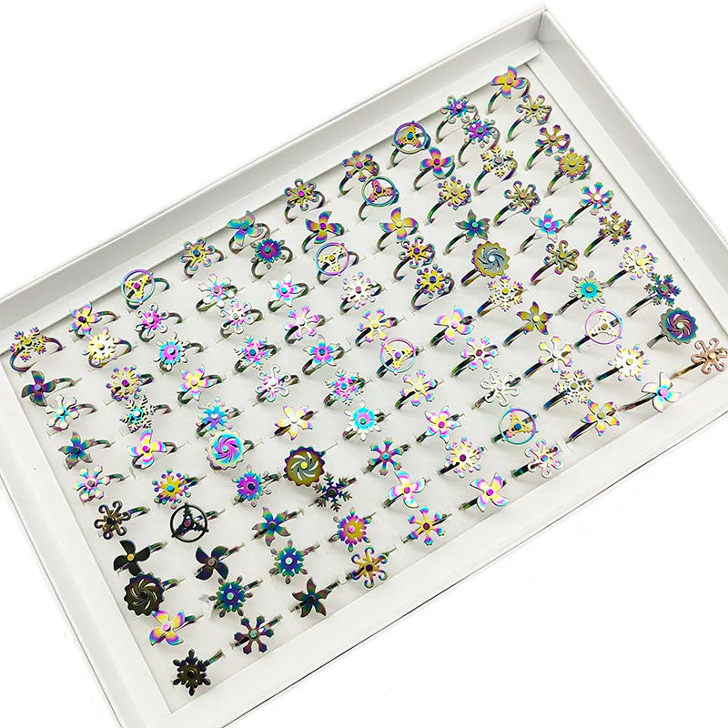 20pcs/Lot Wholesale New Style Rotate Stainless Steel Finger Rings For Women Windmill Snowflake Relief Anxiety Decompress Jewelry