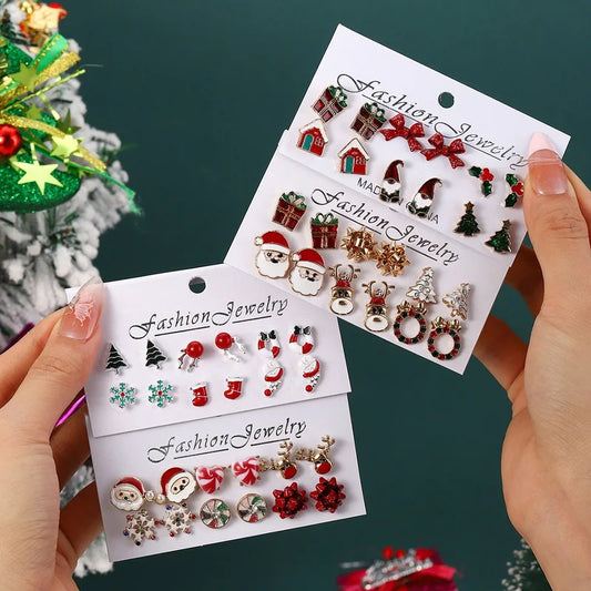 6 Pairs Christmas Combination Earrings Set for Women Shiny Zircon Xmas Tree Snowflake Santa Claus Stud Earring Party Jewelry