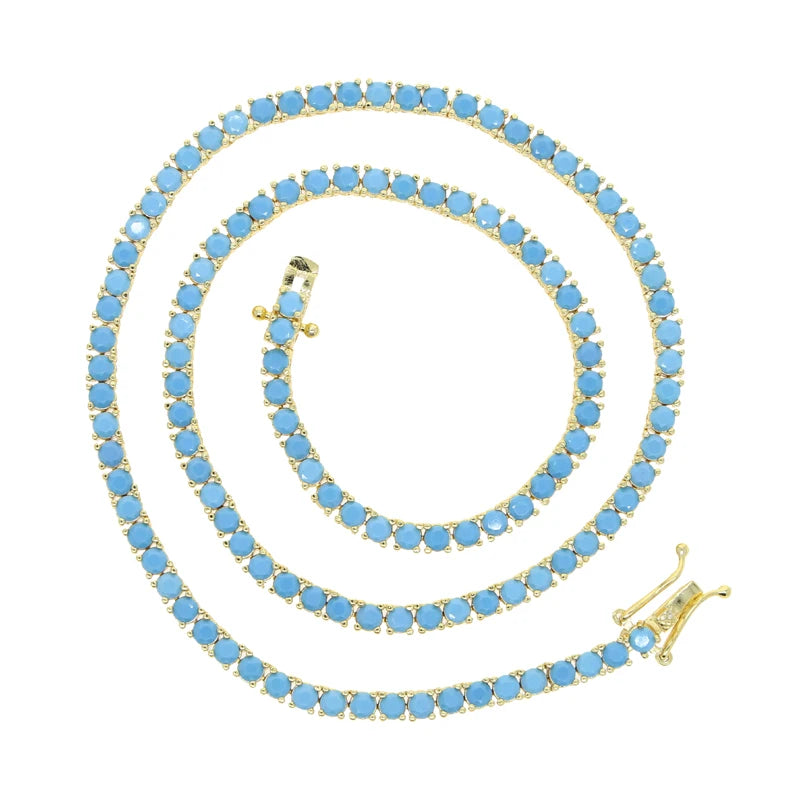 2024 New Gold Color Bling 3mm Turquoises Paved Tennis Chain Necklace Mirco Pave CZ Charm Blue Stone Fashion Women Choker Jewelry