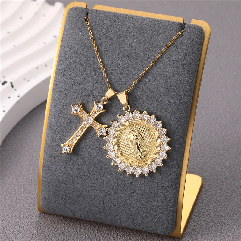 Multiple styles copper Necklace zircon Golden circular Cross Virgin Mary Pendent Necklaces For Charm Women Birthday Jewelr