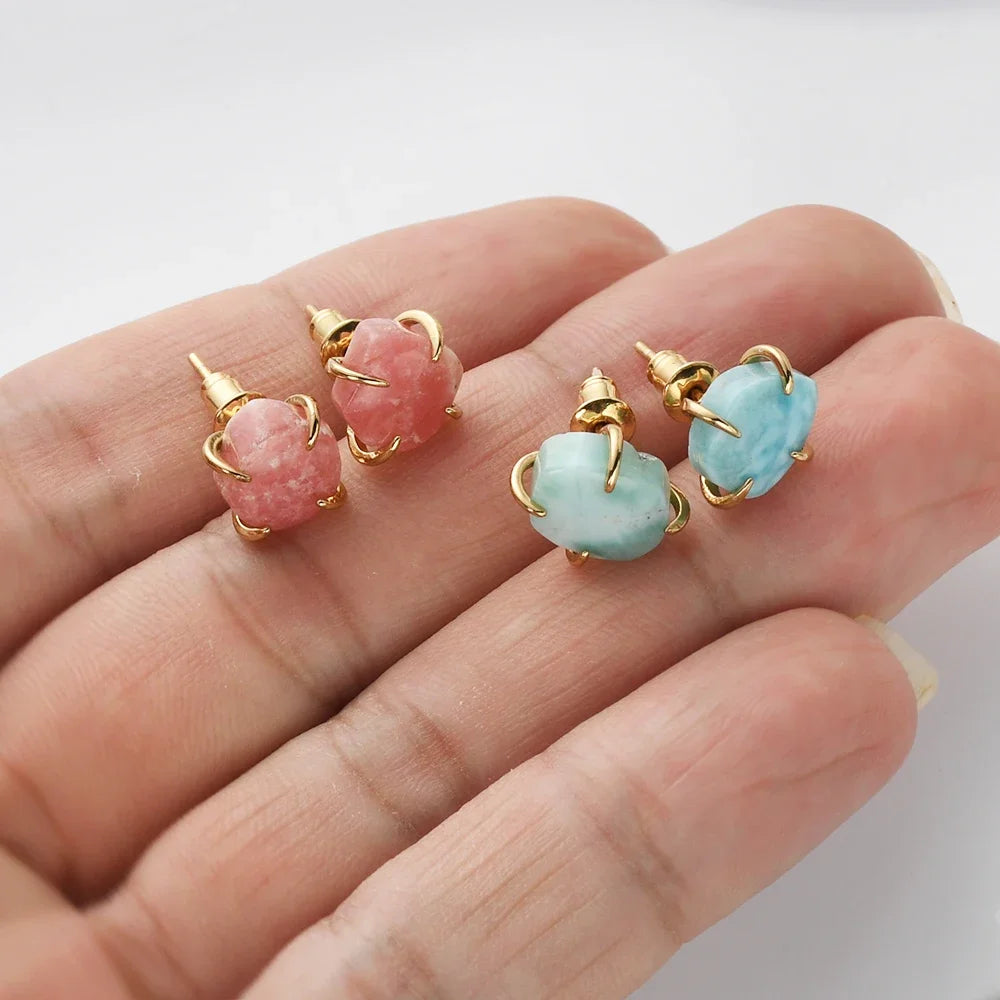 Unique Irregular Natural Stone Stud Earrings Golden Plated Rhodochrosite Claw Earring For Women Crystal Jewelry Gifts