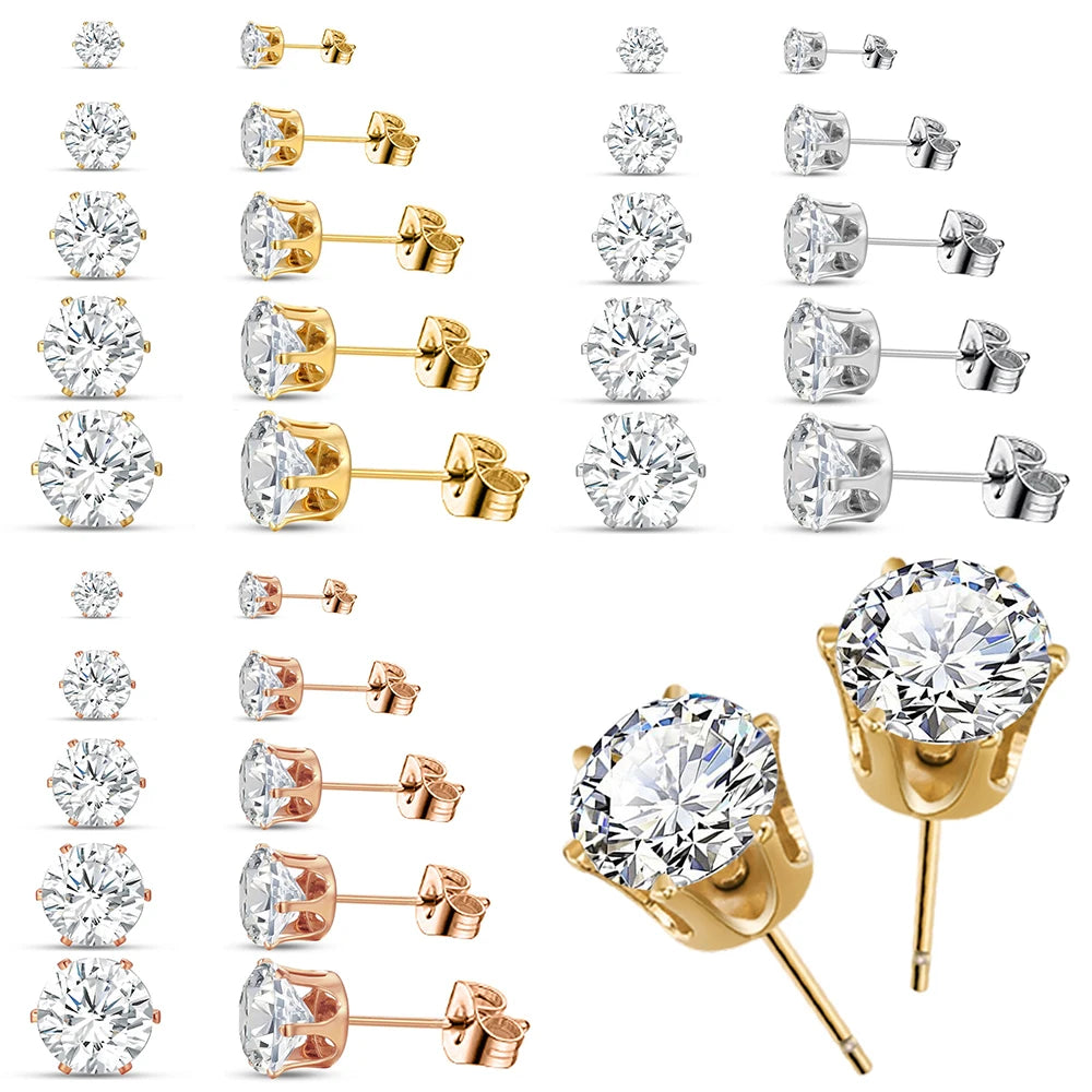 Shiny CZ Cubic Zirconia Paved Stud Earrings Set for Women Men Unisex Gold Color  Simple Fashion Party Earring Jewelry