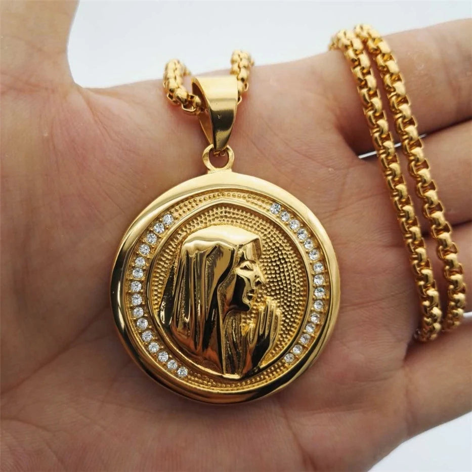 Big Round Virgin Mary Pendant Necklace For Women Men Gold Color Madonna Necklace Religious Christian Stainless Steel Jewelry