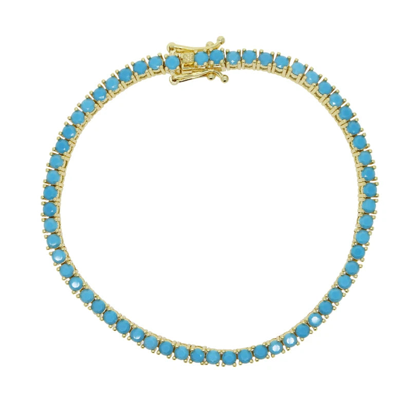 2024 New Gold Color Bling 3mm Turquoises Paved Tennis Chain Necklace Mirco Pave CZ Charm Blue Stone Fashion Women Choker Jewelry