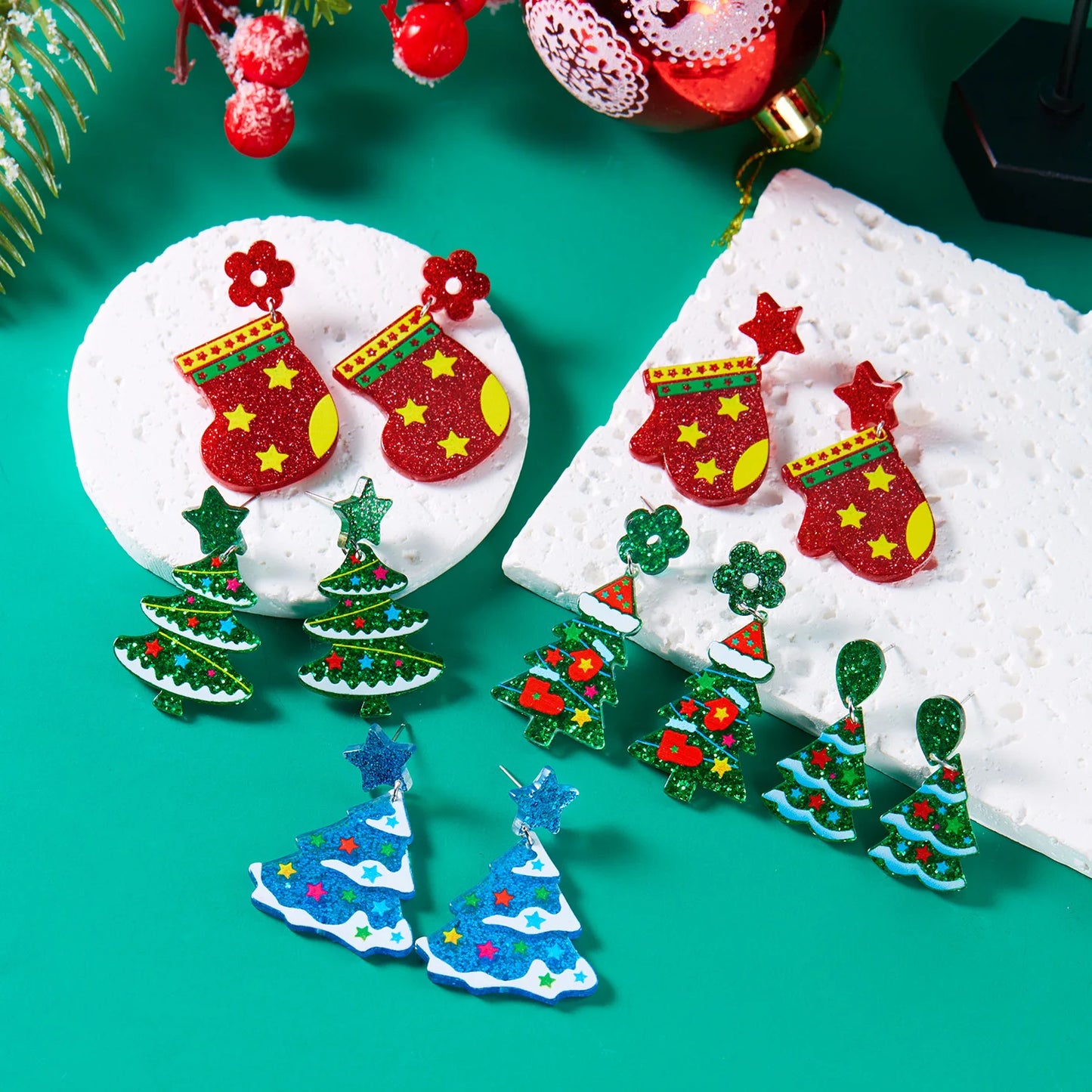 New Fashion Acrylic Christmas Tree Earring For Women Star Flower Gloves Piercing Earring Xmas Jewelry Gift
