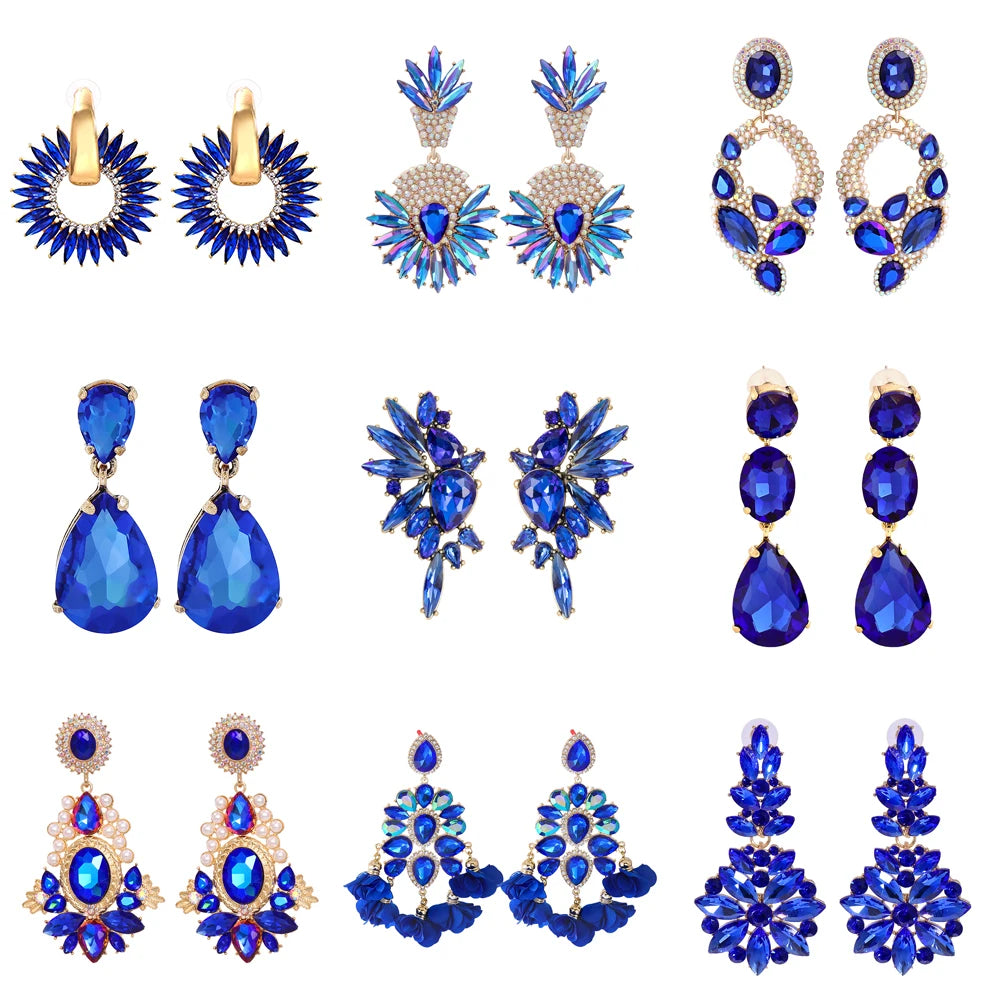 2024 Trend New Elegant Blue Big Rhinestone Earrings for Women Luxury Crystal Dangle Earrings High-quality Statement Jewelry Gift