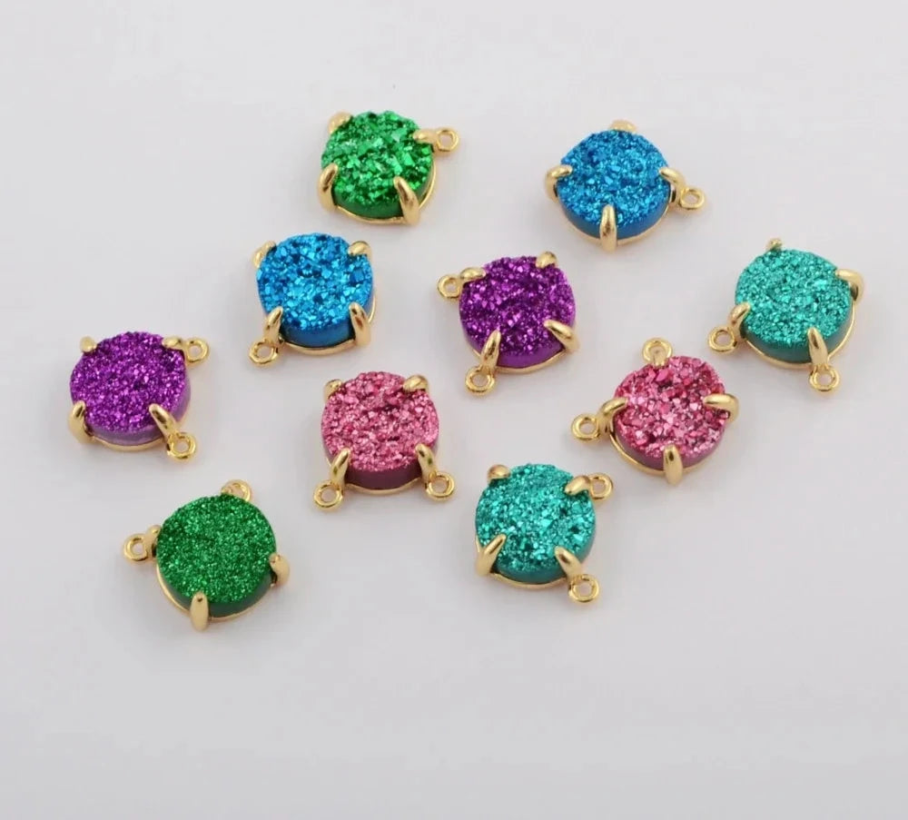 Design 5/10PCS 10mm Round Golden Claw Natural Agates Druzy Titanium Rainbow Drusy Connectors for Necklace Jewelry Gifts