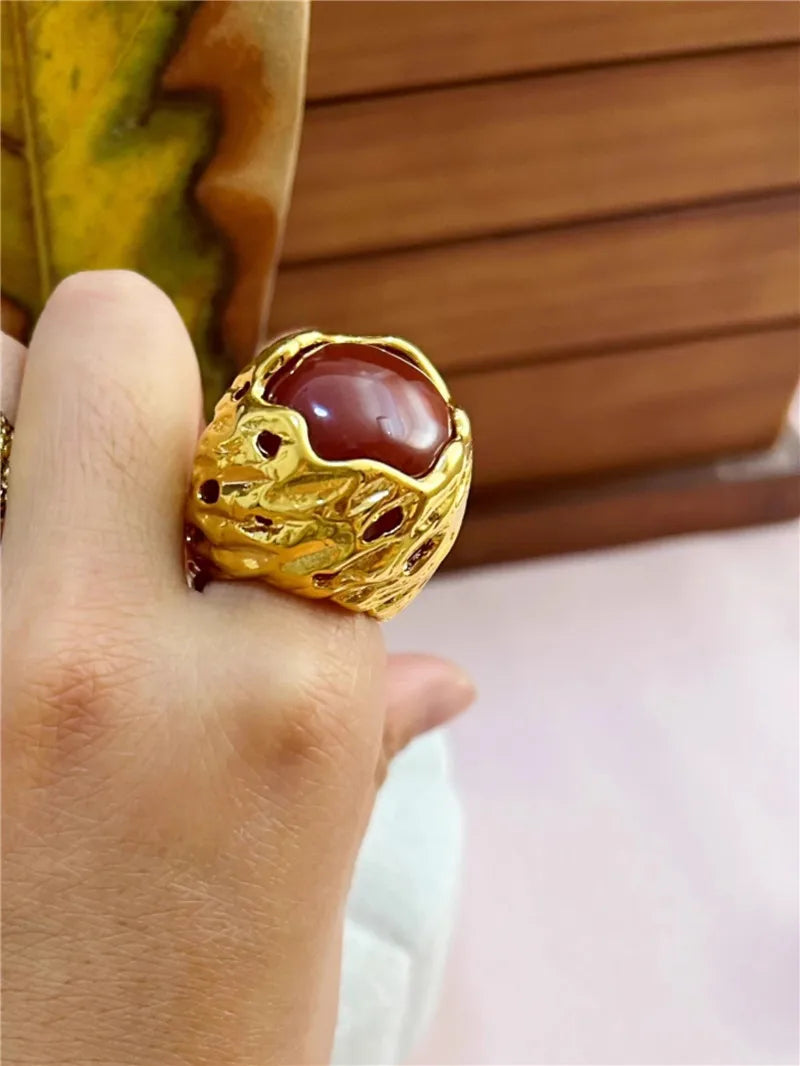 Retro  Agate Natural Stone Crystal Ring Gold Color Metal Open for Women Brass Jewelry 2024 Light Luxury European And American