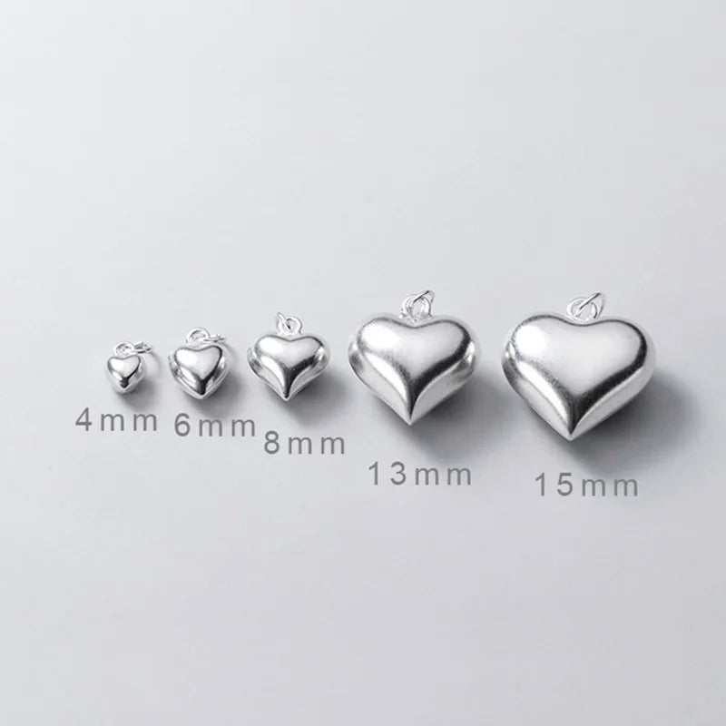 Real 925 Sterling Silver 3D Love Romantic Heart 4 6 8 13 15mm Charm Pendant Handmade DIY Accessories Wholesale DZ20