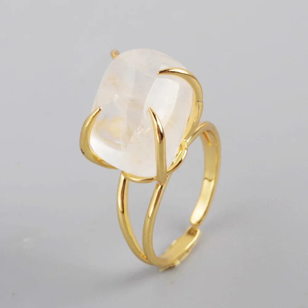 Unique Golden/Silver Plated White Quartz Claw Adjustable Ring Natural Jewelry for Women Engagement Statement Gifts